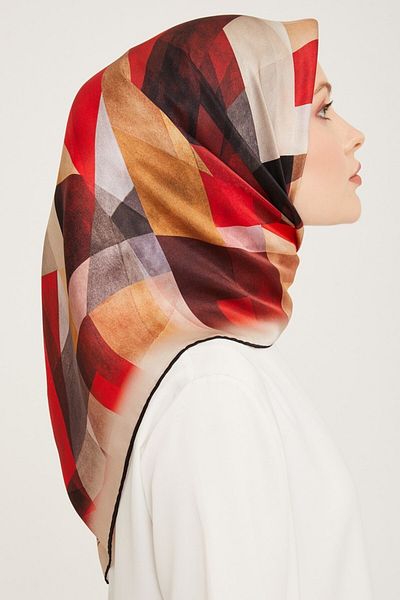 Armine Nostalgia Series Silk Twill Scarf 9024D Geometric Pattern Cream-Red