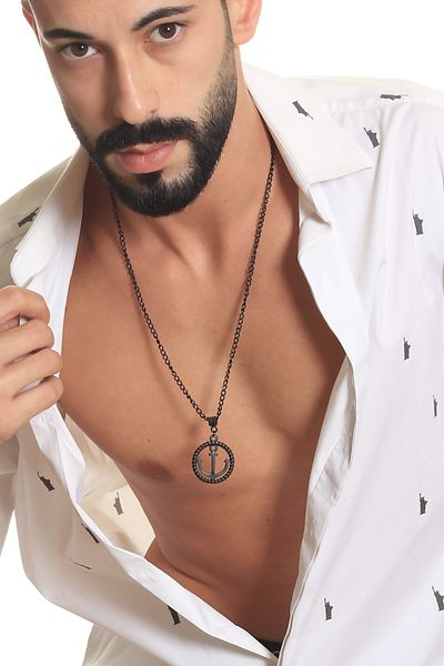LABALABA Men's Black Oxide Plated Ship Anchor Symbol Pendant Necklace