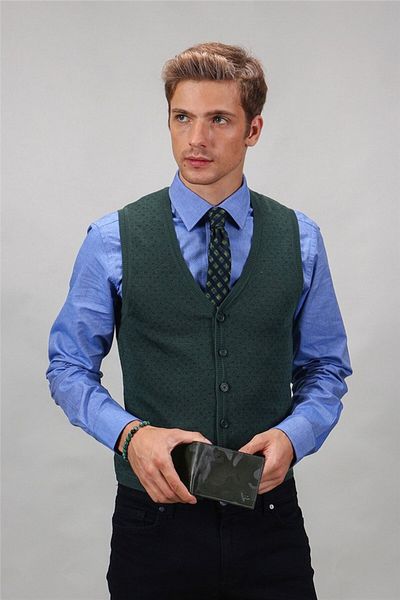 Tudors Vestă pentru bărbați, slim, cu decolteu în V, cu model verde, cu nasturi