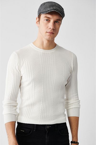 Avva Herren-Strickpullover in Ecru mit Rundhalsausschnitt und Muster A32y5160