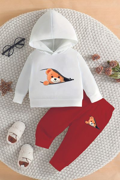 ADABEBEK Premium Cute Bear Printed Hooded Bottom Top Baby Boy Suit 22575