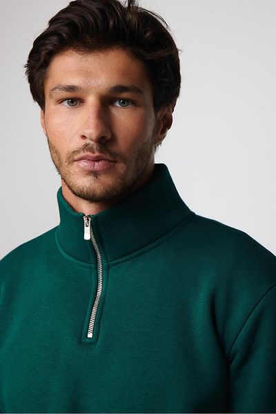 Tudors Φούτερ Unisex Relax Fit Relaxed Cotton Fleece με μισό φερμουάρ Χακί γιακά