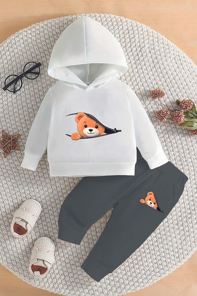 ADABEBEK Premium Cute Bear Printed Hooded Bottom Top Baby Boy Suit 22575