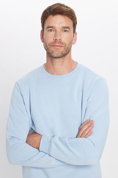 Tudors Unisex Oversize Wide Cut βαμβακερή απαλή υφή Basic μπλε φούτερ με λαιμόκοψη με φλις εσωτερικά
