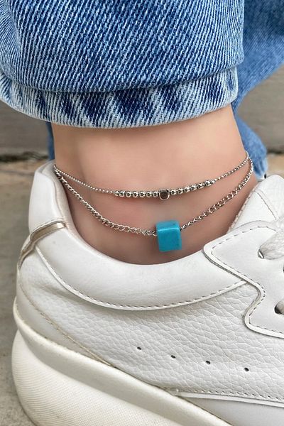 Saint Charmes Silver Color Blue Beaded Double Chain Anklet