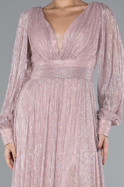 Abiyefon Pudra Uzun Kol Bacak Dekolteli Simli Abiye Elbise ABU2905