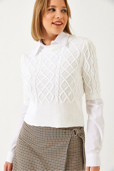 Bianco Lucci Women's Shirt Detailed Hair Braided Knitwear Sweater 20246271