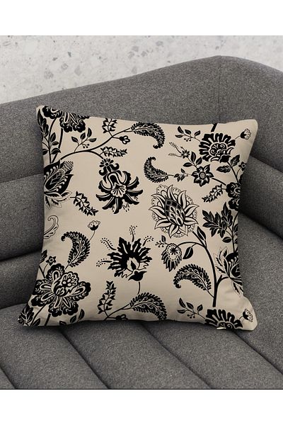 Şah Dekor Black Color Ethnic Indian Elephant Patterned Digital Printed 4-Piece Seat Pillow and Throw Pillow Cover Set