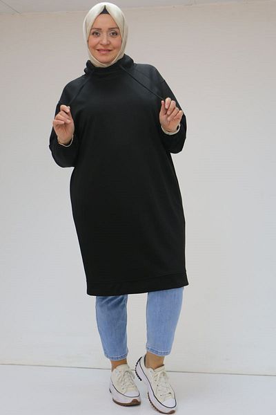 Eslina 48105 Plus Size Turtleneck Tunic with Elastic Sleeves - Black