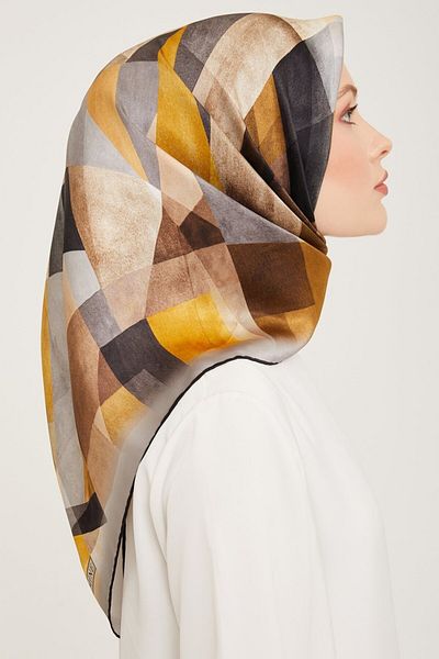 Armine Nostalgia Series Silk Twill Scarf 9024D Geometric Pattern Gold-Gray