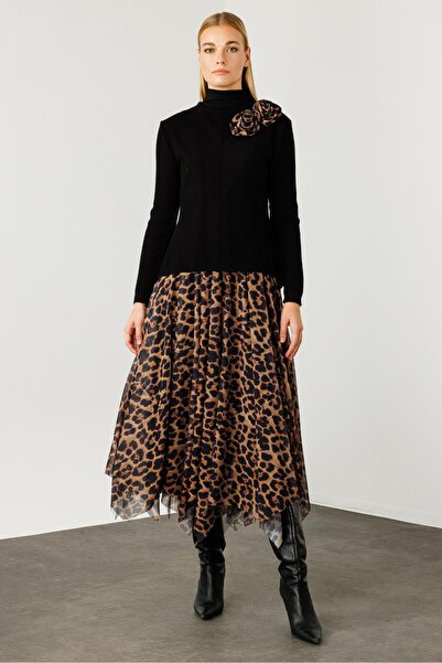 Moda İlgi Modailgi  Eteği Asimetrik Leopar Desenli Trikolu Elbise Vizon