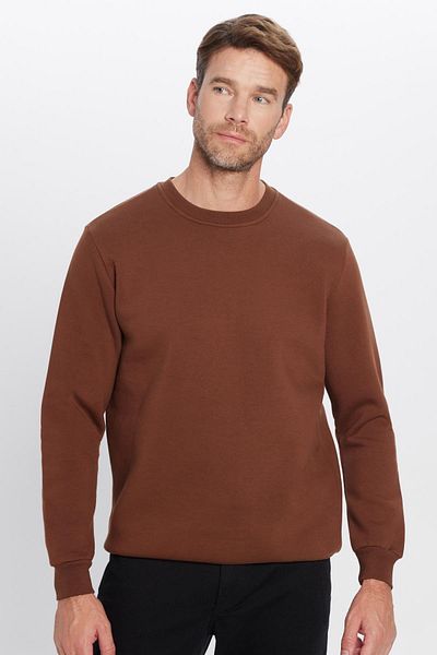 Tudors Unisex Oversize Φαρδύ βαμβακερό φλις με απαλή υφή Basic καφέ φούτερ με λαιμόκοψη