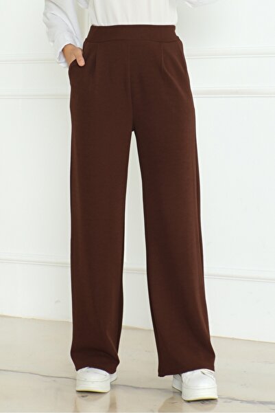 Bestenur Bitter Brown Wide Leg Trousers with Pockets - 1197