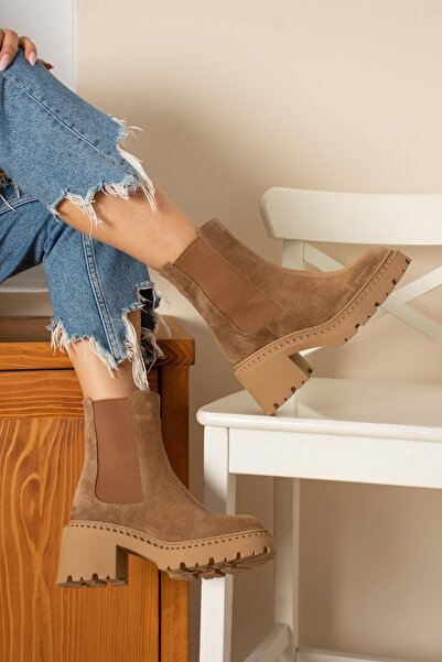 FSKOMBİN Valey Kadın Camel Süet Hakiki Deri Topuklu Bot