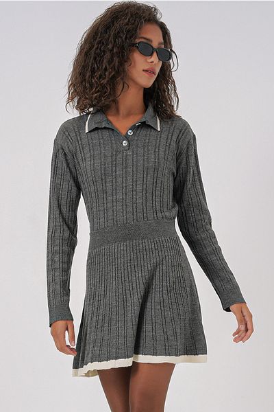 Bigdart 15907 Damen-Strickpullover- und Rock-Set mit Polokragen – Anthrazit