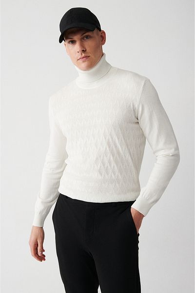 Avva Herren-Strickpullover aus Baumwolle mit Rollkragenpullover in Ecru A32y5198