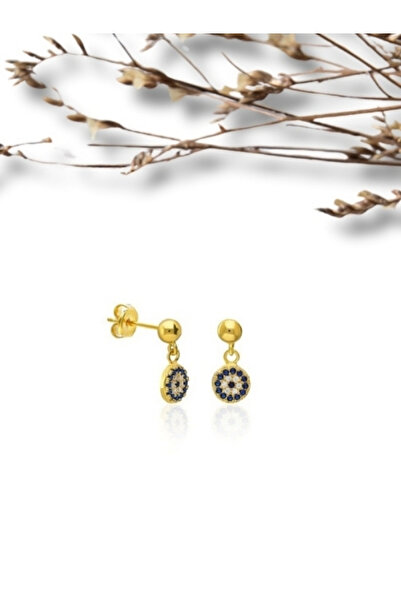 bymissmücevherat Gold Kaplama Zirkon Taşlı 925 Gümüş Nazar Boncuklu Klipsli Küpe