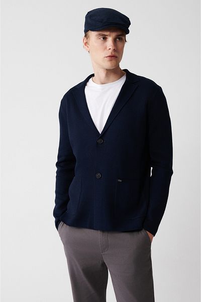 Avva Ανδρική μάλλινη πλεκτή ζακέτα Navy Blue Mono γιακά A32y5004