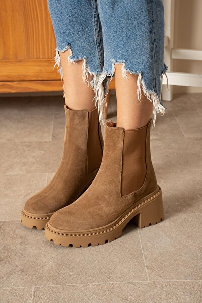 FSKOMBİN Valey Kadın Camel Süet Hakiki Deri Topuklu Bot