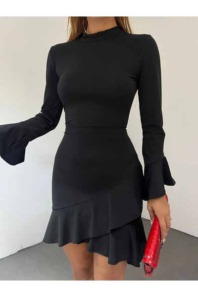 Fav Style Kadın Dik Yaka Uzun Kollu Eteği Fırfırlı Mini Elbise