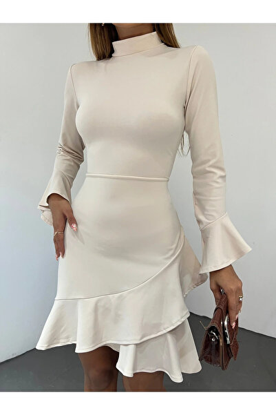 Fav Style Women's Stand Collar Long Sleeve Skirt Ruffle Mini Dress