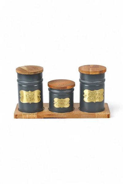 Milenay Premium 3-Piece Wooden Lid Metal Tea Coffee Sugar Storage Set with Special Design Stand?