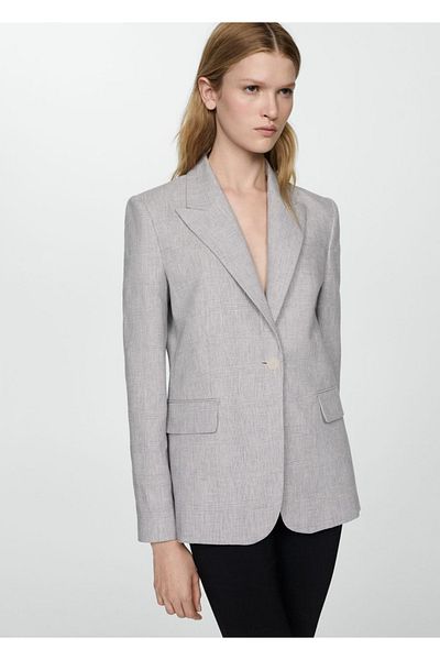 MANGO Woman Blazerjacke aus Leinen – Hahnentrittmuster