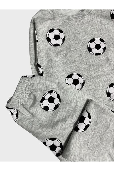 Genel Markalar Erkek Çocuk Pamuklu Şardonlu Gri Siyah Beyaz Futbol Topu Desenli Uzun Kollu Kışlık Pijama Takımı