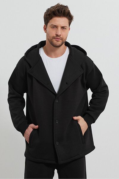 THE RULE Men's Oversize 3 Thread Raised Buttoned Hooded Casual Long Black Poncho Cardigan with Pockets