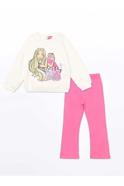 LC Waikiki Hanorac și colanți pentru fete cu imprimeu Barbie Ecru - Set cu 2