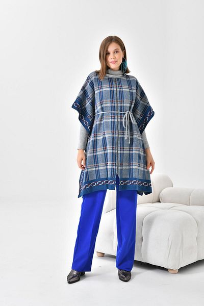 Garmi Indigo Women's Poncho - Plaid Detail
