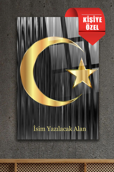 TAULART KİŞİYE ÖZEL GOLD TÜRK BAYRAĞI CAM TABLO KIRILMAZ LÜKS 4MM CAM TABLO E...