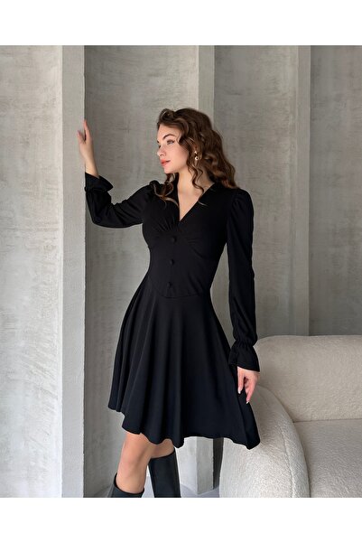 Fav Style Kadın V Yaka Düğme Detaylı Uzun Kollu Mini Elbise Siyah