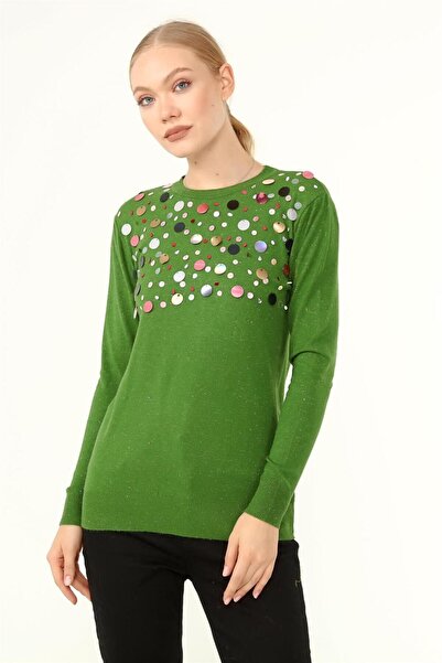 Garmi Pulover de damă cu detaliu de mărgele în piept verde