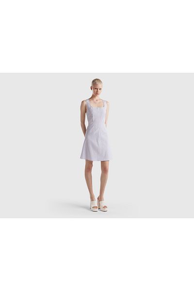 United Colors of Benetton Ärmelloses Minikleid aus blauem Seersucker-Stoff für Damen