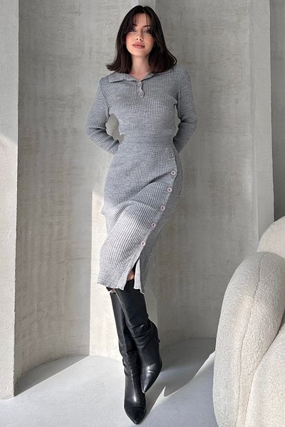 Fav Style Μίντι φόρεμα σε γκρι πόλο λαιμόκοψη - με κουμπιά και σκίσιμο