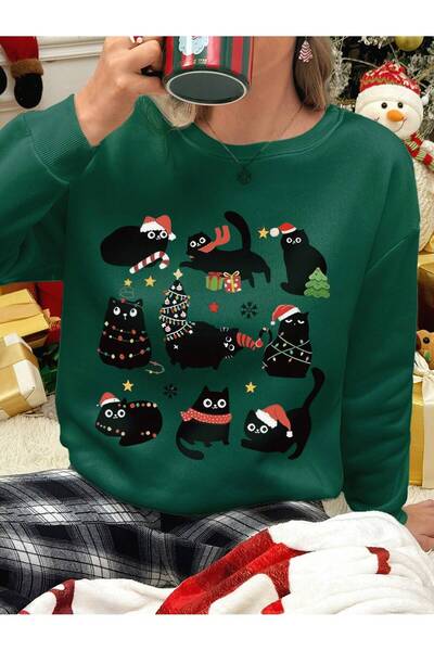 EVIus Yılbaşı Kedi Baskılı Bisiklet Yaka Sweatshirt 3 İplik
