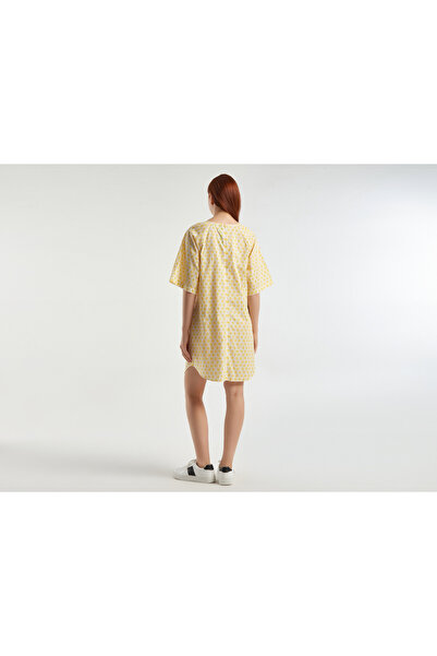 United Colors of Benetton Kadın Sarı-beyaz Mix %100 Koton Kısa Kollu Cepli Desenli Elbise