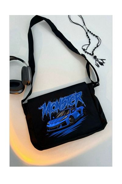 weywot Blue Mnster Printed Unisex Black Messenger Bag