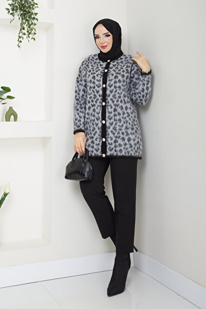 Pamuk Butik Women's Leopard Bearded Knitwear Cardigan