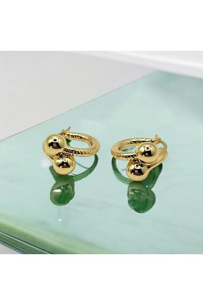 Swan Jewelry Steel Round Two Balls Textured Modern Hoop Earrings