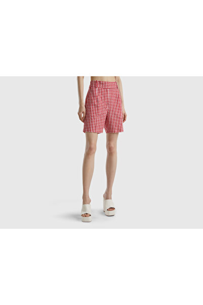United Colors of Benetton Women's Red Linen Blended- Plaid Bermuda Shorts