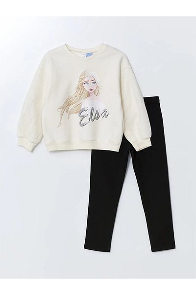 LC Waikiki Ecrufarbenes 2-teiliges Set aus Sweatshirt und Leggings mit Rundhalsausschnitt und Elsa-Print für Babys
