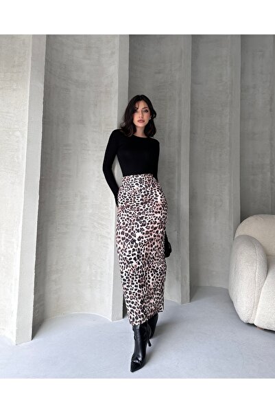 Fav Style Leopard Print Beige Long Pencil Skirt with High Waist Slit