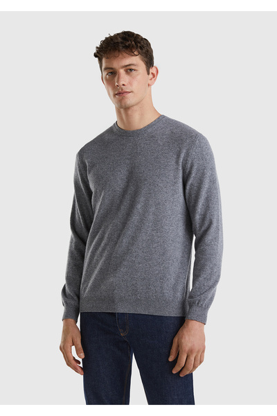 United Colors of Benetton Men's Anthracite Melange Crew Neck 100% Merino Sweater