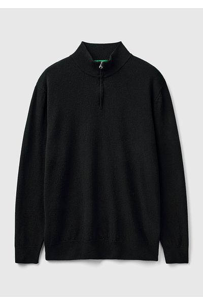 United Colors of Benetton Pulover negru Merino pentru bărbați - Guler vertical și jumătate de fermoar