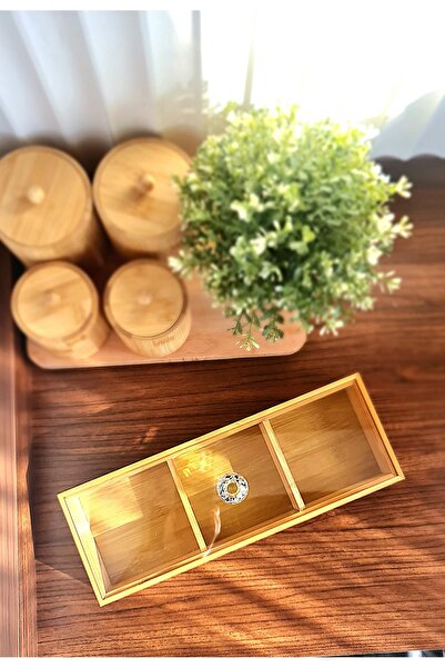 LADYNUR Bambu 3 Bölmeli Dikdörtgen Akrilik Kapaklı Takı Kutusu, Çay Kutusu, Ç...