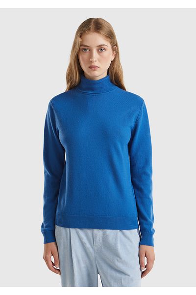 United Colors of Benetton Pulover Merino pentru femei Midnight Blue - Guler Stand