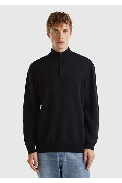 United Colors of Benetton Pulover negru Merino pentru bărbați - Guler vertical și jumătate de fermoar