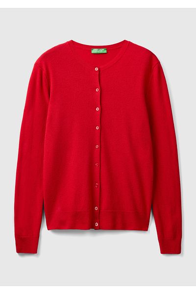 United Colors of Benetton Women's Red Crew Neck 100% Merino Cardigan